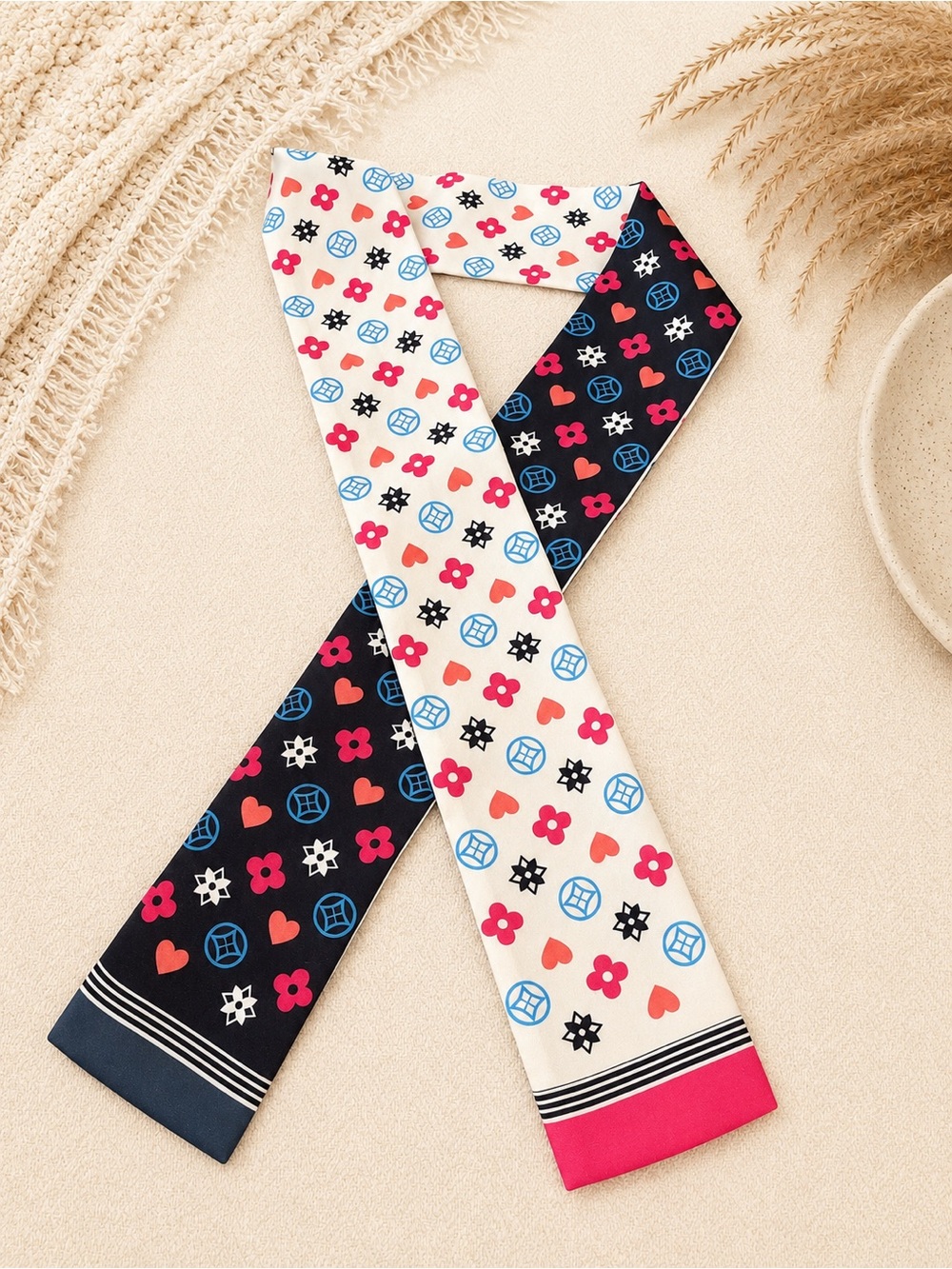 Designer Inspired Reversible Iconic Logo Twilly Scarf